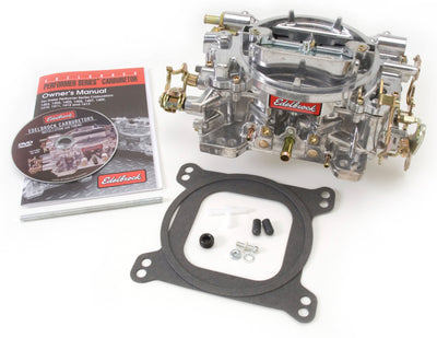 Edelbrock Carburetor Performer Series 4-Barrel 600 CFM Manual Choke Satin Finish with accessories and owner's manual