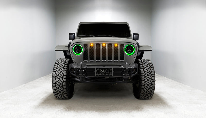 Front view of Oracle Jeep Wrangler JL/Gladiator JT 7in. High Powered LED Headlights (Pair) - Dynamic in a sleek design.