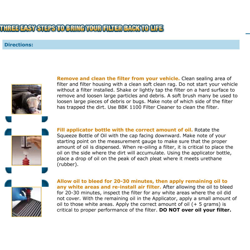 BBK BBK Cold Air Filter Restore Cleaner And Re-Oil Kit instructions for restoring performance car parts filter