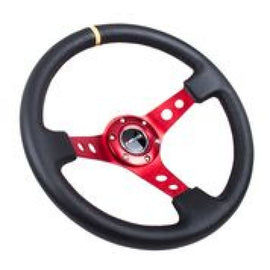 NRG Reinforced Steering Wheel (350mm / 3in. Deep) Blk Leather w/Red Spokes & Sgl Yellow Center Mark, Performance Car Parts