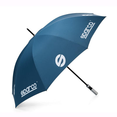 Blue Sparco umbrella with logo design.