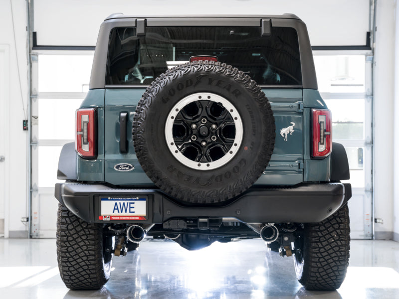 AWE Tuning 2021+ Ford Bronco 0FG Dual Rear Exit Exhaust w/Chrome Silver Tips & Bash Guard - DTX Performance