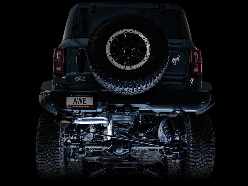 AWE Tuning 2021+ Ford Bronco 0FG Single Rear Exit Exhaust w/Diamond Black Tip & Bash Guard - DTX Performance