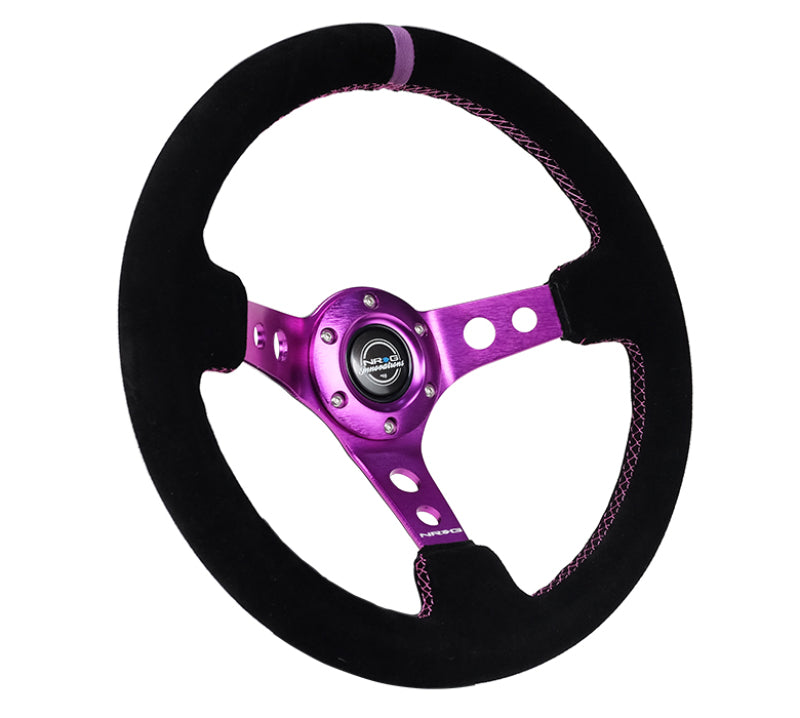 NRG Reinforced Steering Wheel (350mm / 3in. Deep) Black Suede w/Purple Center & Purple Stitching, performance car parts by DTX Performance.