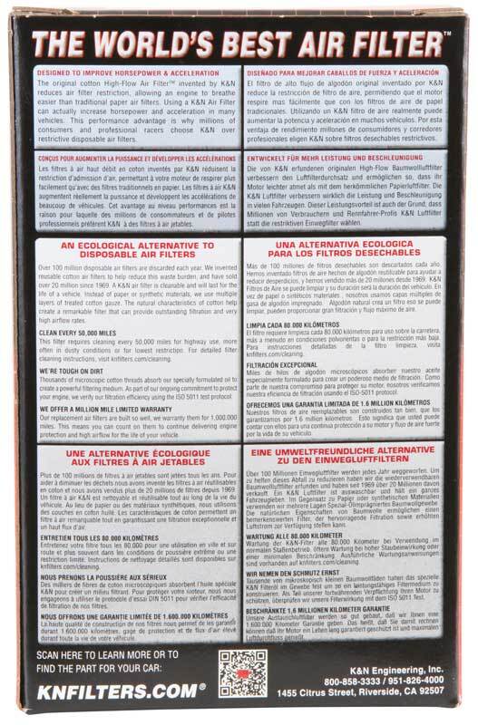 K&N air filter packaging with multilingual benefits