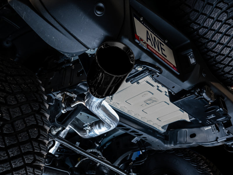 AWE Tuning 2021+ Ford Bronco 0FG Single Rear Exit Exhaust w/Diamond Black Tip & Bash Guard - DTX Performance