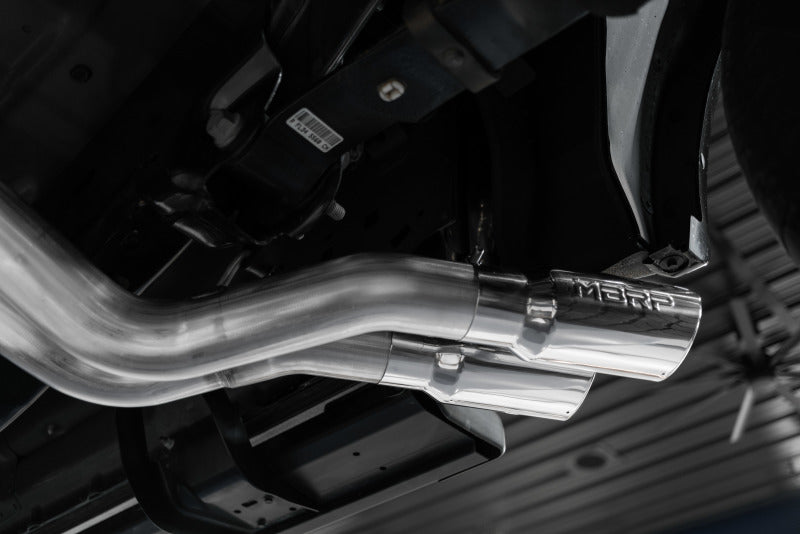 MBRP 15-20 Ford F150 Pre-Axle 4in OD Tips Dual Outlet 3in Black Coated Cat Back Exhaust, shown installed on vehicle.
