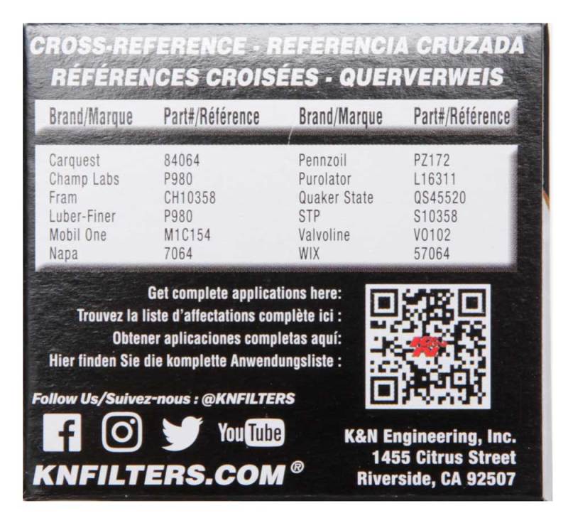 K&N cross-reference chart on oil filter box