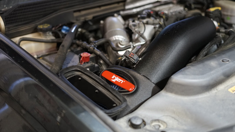 Injen 17-19 Chevy Silverado 2500/3500 Duramax L5P 6.6L Evolution Cold Air Intake (Oiled Filter) installed in engine bay.
