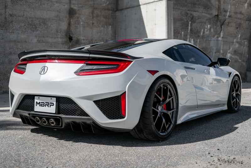 MBRP 17+ Acura NSX 2.5in Dual Split Rear Exit Tips - T304 exhaust on a sleek white performance car showing rear view.