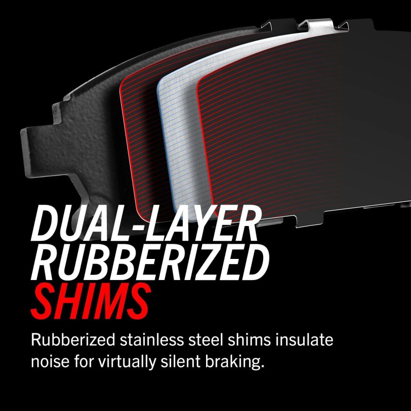 Power Stop 14-18 Audi RS7 Front Z23 Evolution Sport Brake Pads w/Hardware with dual-layer rubberized shims, reducing brake noise.