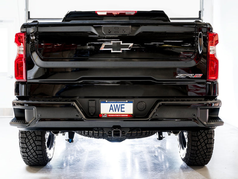 AWE Tuning 22-23 GMC Sierra 1500 AT4X 6.2L 0FG Catback Split Dual (Flat Bumper) - Bashguard(No Tips) - DTX Performance