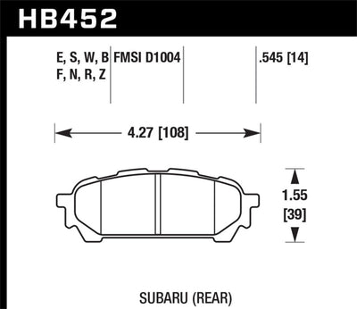 Hawk 03-05 WRX D1004 HP+ Street Rear Brake Pads specs and dimensions