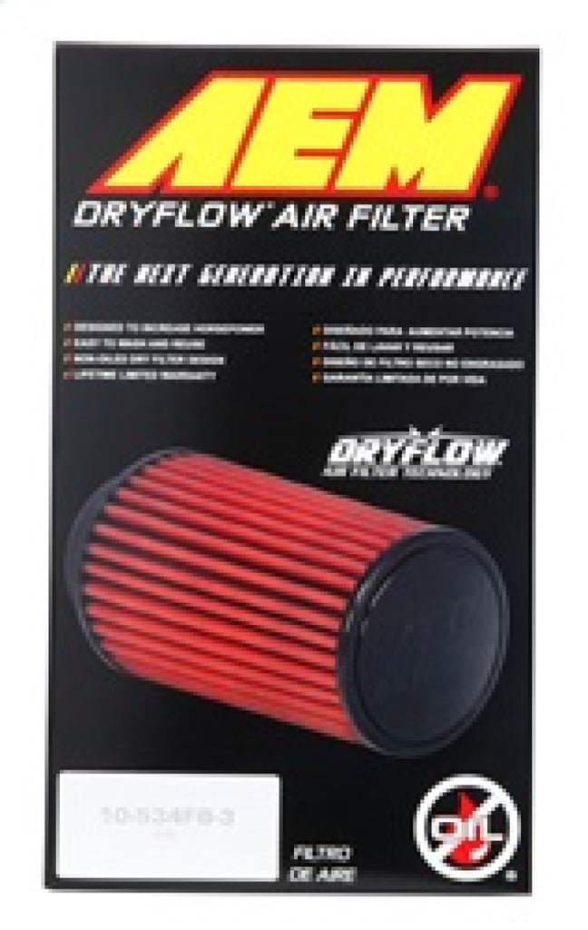 AEM 3.25 in DRY Flow Short Neck 9 in Element Filter for performance car parts by DTX Performance, featuring washable synthetic filter design.