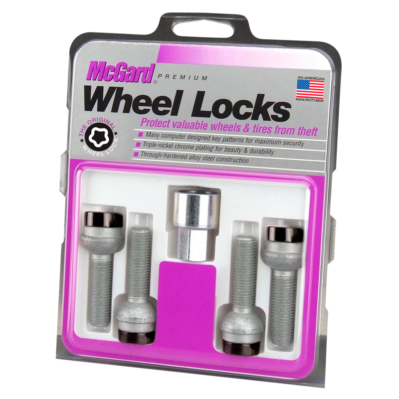 McGard Wheel Lock Bolt Set - 4pk. (Radius Seat) M14X1.5 / 17mm Hex / 45.0mm Shank Length - Black in packaging.