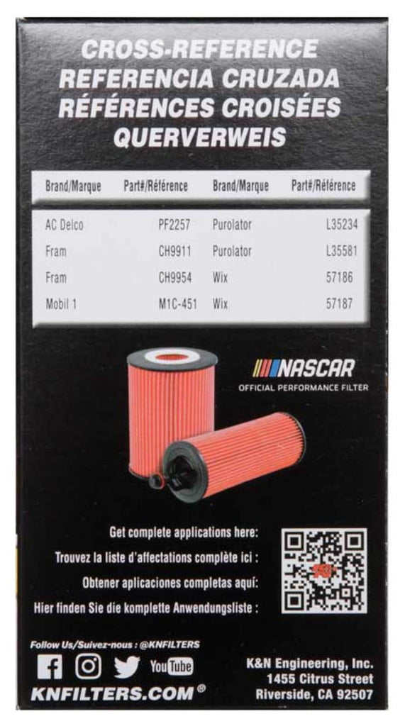 K&N 2018 Audi RS3 2.5L Cartridge Oil Filter package showing cross-reference chart and filter.