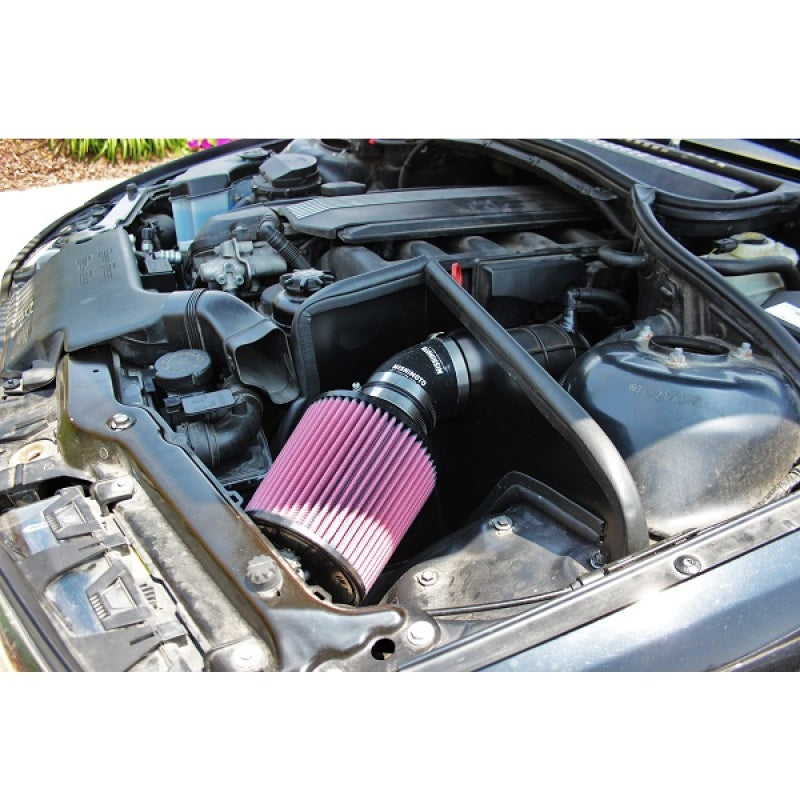 Mishimoto 99-05 BMW E46 323i/325i/328i Performance Cold Air Intake Kit - Black shown under car hood