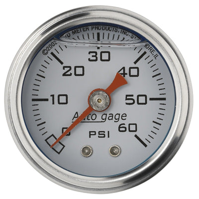 Autometer AutoGage 1.5in Liquid Filled Mechanical 0-60 PSI Fuel Pressure Gauge - White for performance car parts, DTX Performance