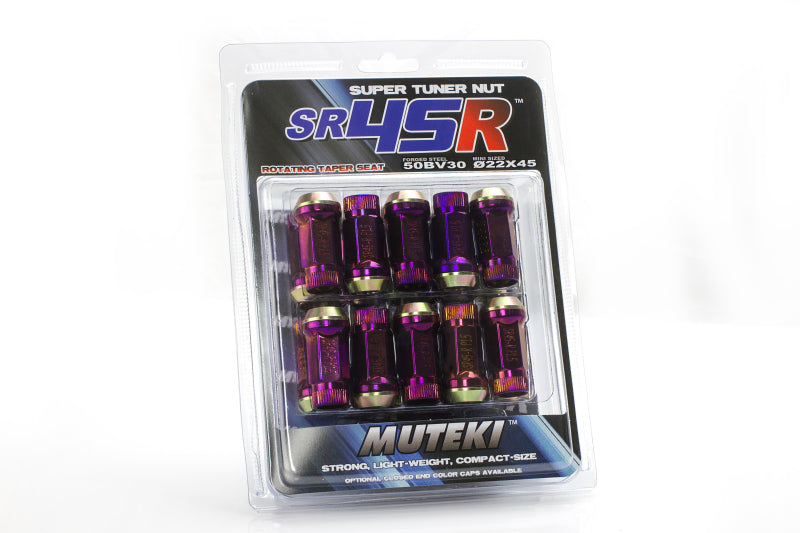 Muteki SR45R super tuner nuts in purple packaging, Wheel Mate Muteki HR38 Open End Lug Nuts 12x1.50 Black Chrome / Yellow Ring focus.