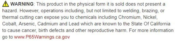 California Proposition 65 warning sign for potential chemical exposure risks during operations like welding and brazing.