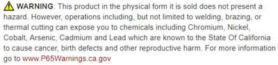 California Prop 65 Warning label for chemical exposure risks in automotive products.