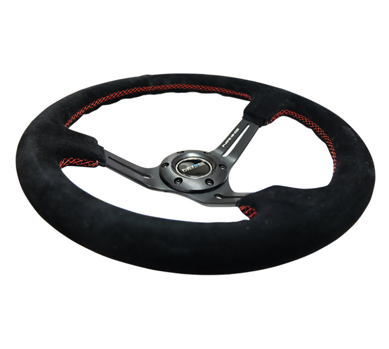 NRG Reinforced Steering Wheel (350mm / 3in. Deep) Blk Suede w/Red Stitching & 5mm Spokes w/Slits - performance car parts DTX Performance