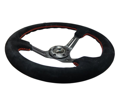 NRG Reinforced Steering Wheel (350mm / 3in. Deep) Blk Suede w/Red Stitching & 5mm Spokes w/Slits - performance car parts DTX Performance