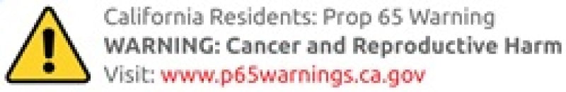 California Prop 65 warning label for cancer and reproductive harm with website link for more information.