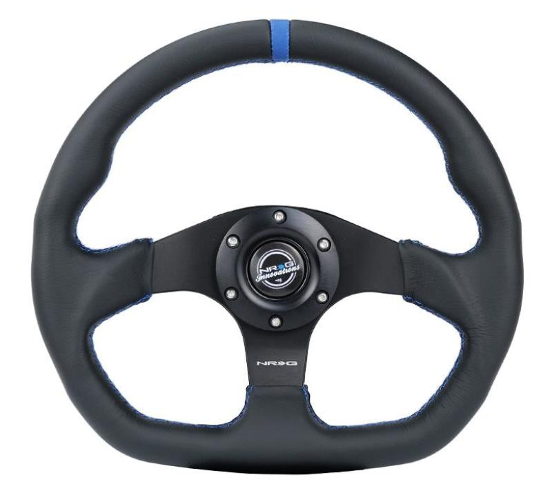 NRG Reinforced Steering Wheel (320mm) Sport Leather Flat Bottom w/ Blue Center/ Blue Stitching for performance cars by DTX Performance