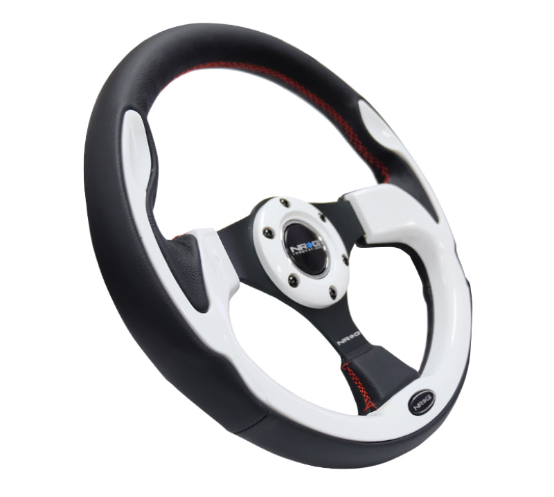 NRG Reinforced Steering Wheel (320mm) Blk w/White Trim & 4mm 3-Spoke, performance car parts, DTX Performance, high performance auto parts.