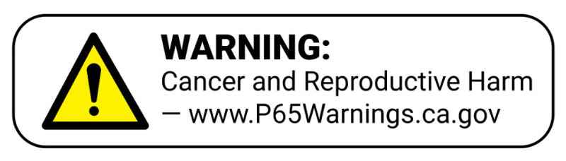 California Prop 65 warning label for cancer and reproductive harm.
