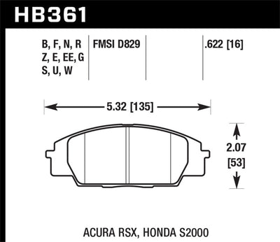 Diagram showing brake pad dimensions and fitment for Acura RSX, Honda S2000, including measurements and specifications.