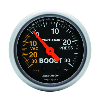 Autometer Sport-Comp 52mm 30 PSI Mechanical Boost Gauge - performance car parts - DTX Performance