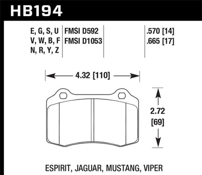 Diagram of HB194 brake pad dimensions for ESPIRIT, JAGUAR, MUSTANG, VIPER with measurements and FMSI codes for high performance brakes.