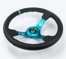 Load image into Gallery viewer, NRG Reinforce Steering Wheel (350mm / 3in. Deep) Blk Leather, Teal Center Mark w/ Teal Stitching, performance car parts