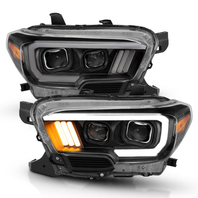 ANZO 2016-2017 Toyota Tacoma Projector Headlights with Plank Style Design Black Amber w/ DRL