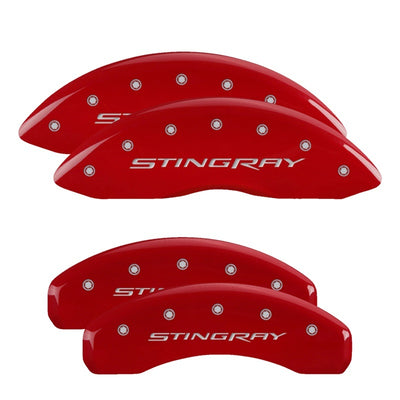 MGP 4 Caliper Covers Engraved Front & Rear Stingray Red finish silver ch, high performance car parts, DTX Performance