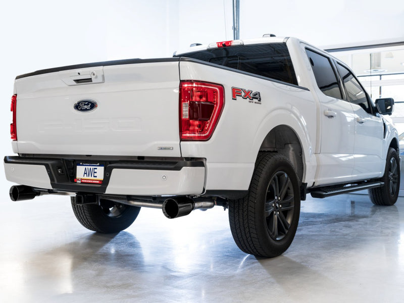 AWE 0FG 21+ Ford F150 Dual Split Rear Cat-Back Exhaust- 5in Diamond Black Tips - DTX Performance