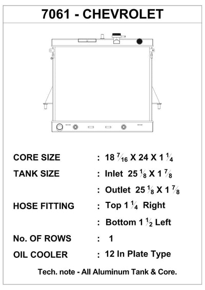 Chevrolet radiator with core size and hose details