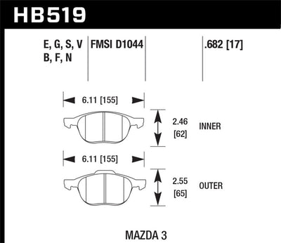 Hawk HP+ Mazda 3 brake pad specs diagram