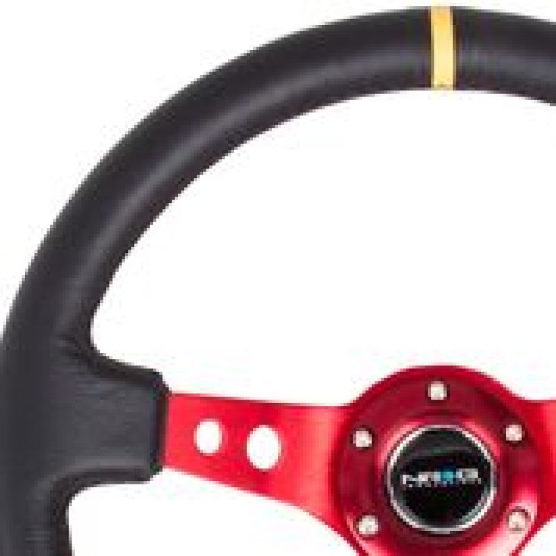 NRG Reinforced Steering Wheel (350mm / 3in. Deep) Blk Leather w/Red Spokes & Sgl Yellow Center Mark - High Performance Car Parts