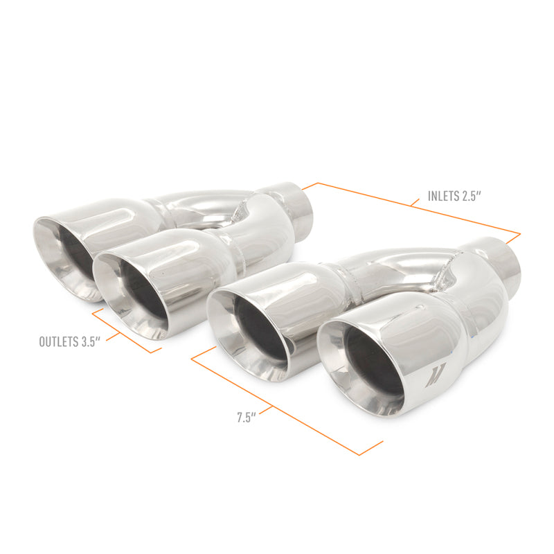 Mishimoto Universal Steel Muffler Tip 2.5in Inlet Dual Y Polished 304 stainless steel for performance car parts and upgrades.