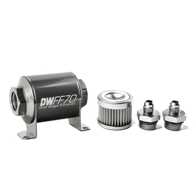 DeatschWerks Stainless Steel 6AN 10 Micron Universal Inline Fuel Filter Housing Kit (70mm) for performance car parts