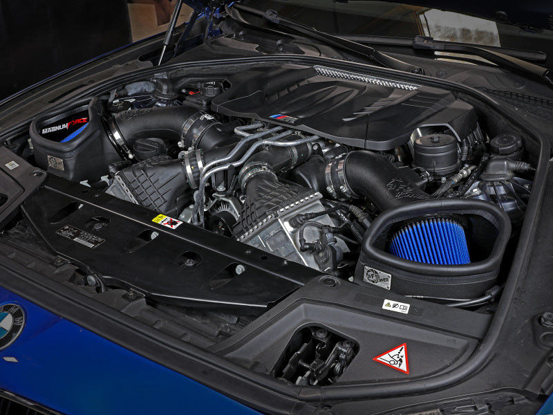 aFe POWER Magnum FORCE Stage-2 Pro 5R Cold Air Intake System installed in BMW M5 engine bay