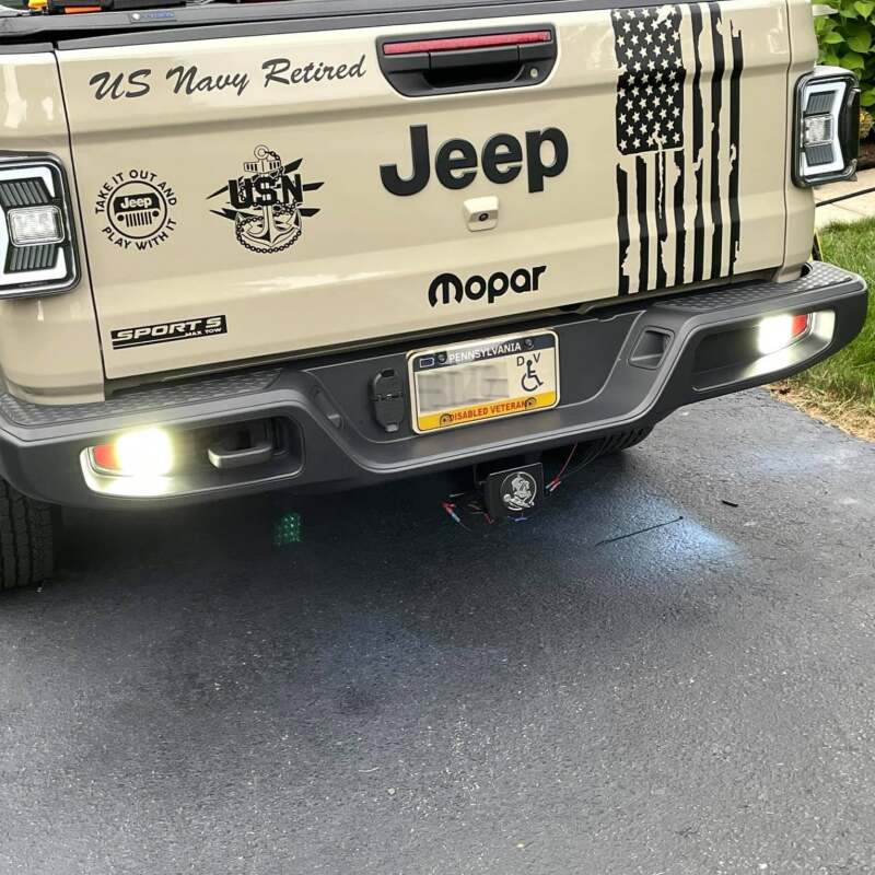 Oracle Jeep Gladiator JT Rear Bumper LED Reverse Lights w/ Plug & Play Harness - 6000K on a Jeep with performance upgrades.