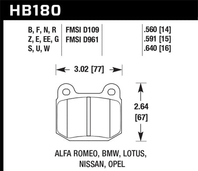 Brake pad diagram for HB180 fitting Alfa Romeo, BMW, Lotus, Nissan, Opel