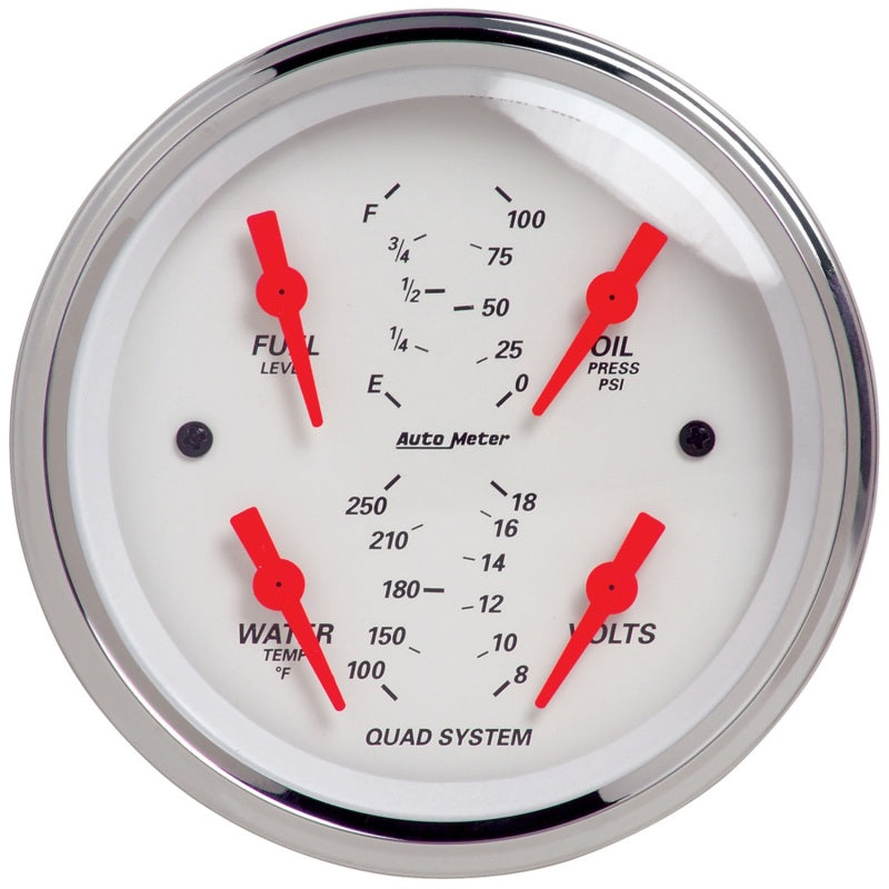 Autometer Arctic White Quad Gauge for high performance cars, featuring 100 PSI/100-250 Deg F/8-18V/240-33 Ohm readings. DTX Performance shop.