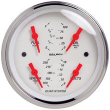 Load image into Gallery viewer, Autometer Arctic White Quad Gauge for high performance cars, featuring 100 PSI/100-250 Deg F/8-18V/240-33 Ohm readings. DTX Performance shop.