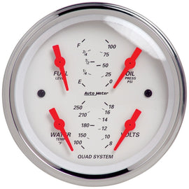 Autometer Arctic White Quad Gauge for high performance cars, featuring 100 PSI/100-250 Deg F/8-18V/240-33 Ohm readings. DTX Performance shop.