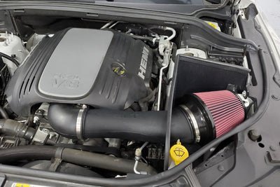JLT 11-20 Dodge Durango/Jeep Grand Cherokee 5.7L Black Textured Cold Air Intake Kit w/Red Filter in engine bay